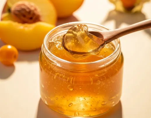 A glass jar of golden-orange fruit-flavored sea moss gel with a wooden spoon.