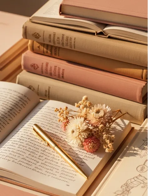 wellness journal with a gold pen and dried flowers on a stack of books.
