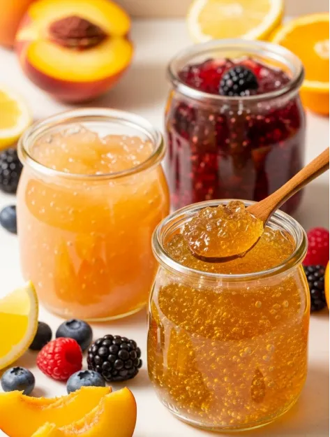 Folded and draped knit shawls in autumn tones on a chair next to a steaming mug.