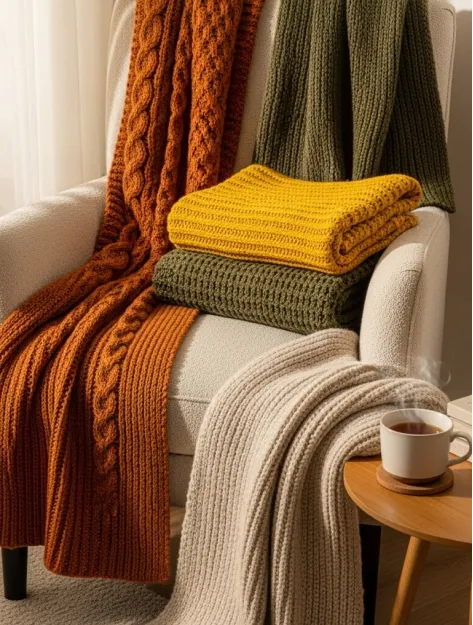 A collection of folded and draped knit shawls